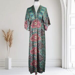 Karma Highway Boho Maxi Dress OS Blue Paisley Viscose Satin Drawstring Sleeve